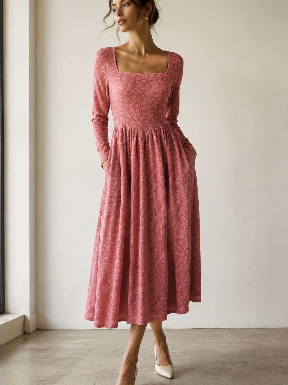 🌸MEROKEETY Pink Floral Textured Long Sleeve Midi Dress Size M NWT